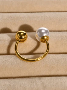 1 chiếc nhẫn ngọc trai thép không gỉ thanh lịch dành cho phụ nữ, ngày lễ tình nhân, ngày của mẹ, quà tặng hẹn hò và trang trí hàng ngày, vàng 18K - Nhẫn ngọc trai - Xem 4