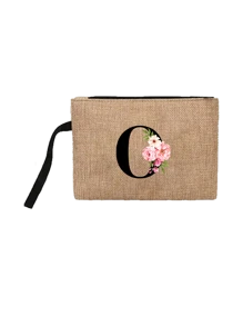 Conjunto com 2 peças: uma bolsa de linho cáqui com iniciais de flores rosa e uma pequena bolsa combinando, simples e elegante, bolsa personalizada para presente de casamento para madrinhas, bolsa de maquiagem, bolsa de viagem simples para armazenamento, carteira de cosméticos de cor sólida, bolsa de maquiagem de viagem com grande capacidade: a combinação perfeita para belezas ao ar livre! Adequada para casamentos, aniversários e praia.
