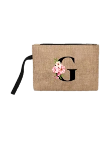Conjunto com 2 peças: uma bolsa de linho cáqui com iniciais de flores rosa e uma pequena bolsa combinando, simples e elegante, bolsa personalizada para presente de casamento para madrinhas, bolsa de maquiagem, bolsa de viagem simples para armazenamento, carteira de cosméticos de cor sólida, bolsa de maquiagem de viagem com grande capacidade: a combinação perfeita para belezas ao ar livre! Adequada para casamentos, aniversários e praia.
