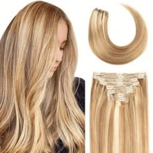 Clip In Hair Extensions Real Human Hair Bleach Blonde 120Gram 8Pcs 18Clip Full Head Double Weft Invisible Straight Remy Hair Extensions Clip In ( #12/613 Color) - S12/613 - View 4