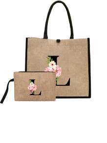 Conjunto com 2 peças: uma bolsa de linho cáqui com iniciais de flores rosa e uma pequena bolsa combinando, simples e elegante, bolsa personalizada para presente de casamento para madrinhas, bolsa de maquiagem, bolsa de viagem simples para armazenamento, carteira de cosméticos de cor sólida, bolsa de maquiagem de viagem com grande capacidade: a combinação perfeita para belezas ao ar livre! Adequada para casamentos, aniversários e praia.