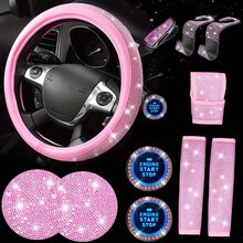 Set de 11 piezas de accesorios de carro color rosa con brillo para mujeres, incluye: Funda de volante con diamantes brillantes, cojín para cinturón de , perilla de cambios con brillo, posavasos y otros accesorios interiores de carro en color rosa - Multicolor - Ver 10