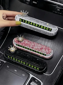 1pc New Style Imitation Diamond Car Temporary Parking Plate, Phone Number Plate, Fashionable Mobile Vehicle Phone Number Plate For Women, With Number Included