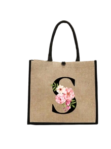 Conjunto com 2 peças: uma bolsa de linho cáqui com iniciais de flores rosa e uma pequena bolsa combinando, simples e elegante, bolsa personalizada para presente de casamento para madrinhas, bolsa de maquiagem, bolsa de viagem simples para armazenamento, carteira de cosméticos de cor sólida, bolsa de maquiagem de viagem com grande capacidade: a combinação perfeita para belezas ao ar livre! Adequada para casamentos, aniversários e praia.