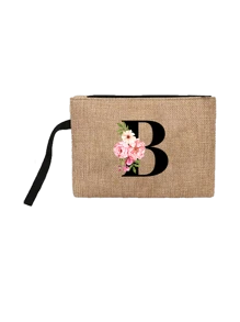 Conjunto com 2 peças: uma bolsa de linho cáqui com iniciais de flores rosa e uma pequena bolsa combinando, simples e elegante, bolsa personalizada para presente de casamento para madrinhas, bolsa de maquiagem, bolsa de viagem simples para armazenamento, carteira de cosméticos de cor sólida, bolsa de maquiagem de viagem com grande capacidade: a combinação perfeita para belezas ao ar livre! Adequada para casamentos, aniversários e praia.