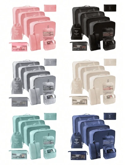 9pcs/Set Travel Packing Cubes, Including Toiletry Bag, Makeup Bag, Underwear, Shoe & Clothing Organizer Bags. Suitable For Clothes, Toiletries, Cosmetics, Brushes, Skincare, Phone, Small Items. Perfect For Travel, Vacation, Beach, College, Room Decor, Winter, Back To School,Boho Vibes