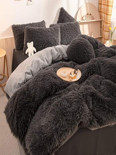 4Pcs Plush Faux Fur Luxury Bedding Set, Queen/King Size Ultra Soft Comforter Cover & Sheet Set With Zipper Closure (1 Flat Sheet +1 Duvet Cover +2 Pillowcases)
