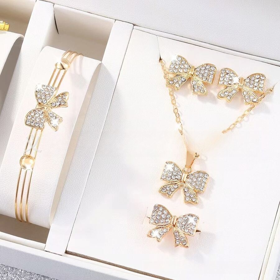 5pcs/Set Rhinestone Bowknot Fashion, Versatile, Casual Jewelry Set For Girls - Gold - View 1