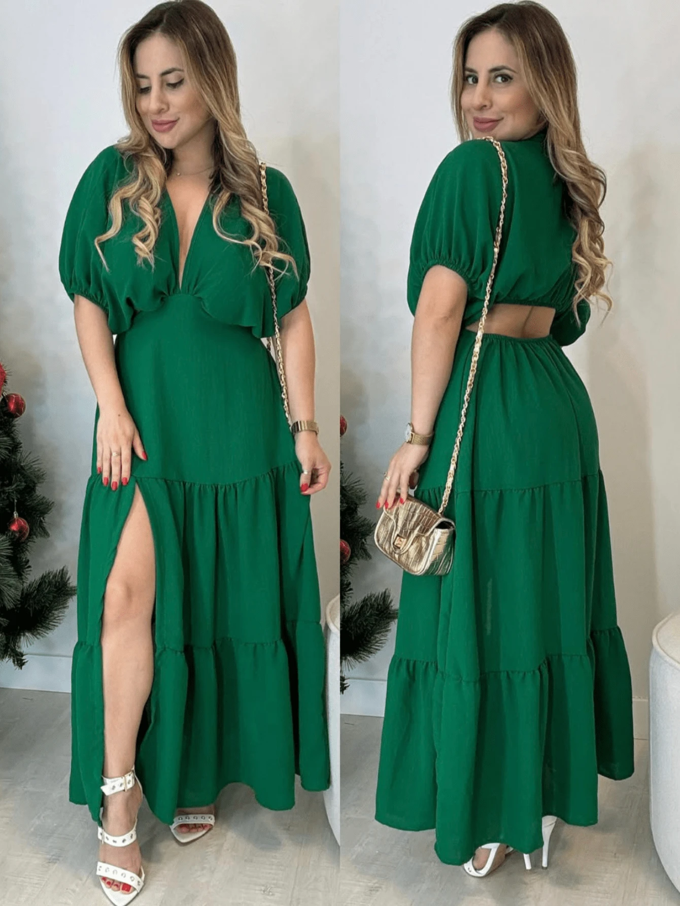 Women's V-Neck Midi Dress Longuette Slit Fashion Blogger