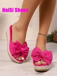 Sandalias de plataforma con tacón alto y decoración de mariposa tejida para mujer, sandalia cuña espadrille con punta abierta y tobillera con lazo, suela gruesa y resistente al agua, tacón alto ancho, disponible en rosa rojo, negro y blanco - Rosa Fucsia - Ver 3