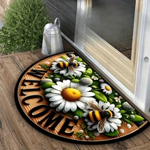 [Tapis semi-circulaire en polyester] Tapis semi-circulaire en polyester antidérapant 1 pièce avec thème fleurs et abeilles - Convient pour une utilisation intérieure/extérieure - Idéal pour le salon, la chambre, la cuisine, la salle de bain, le patio, la décoration de la maison et la décoration extérieure Tapis de sol Tapis de porte Décoration de salle de bain Décoration d'automne Accessoires de salle de bain Rentrée des classes
