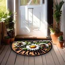[Tapis semi-circulaire en polyester] Tapis semi-circulaire en polyester antidérapant 1 pièce avec thème fleurs et abeilles - Convient pour une utilisation intérieure/extérieure - Idéal pour le salon, la chambre, la cuisine, la salle de bain, le patio, la décoration de la maison et la décoration extérieure Tapis de sol Tapis de porte Décoration de salle de bain Décoration d'automne Accessoires de salle de bain Rentrée des classes