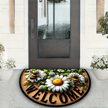 [Tapis semi-circulaire en polyester] Tapis semi-circulaire en polyester antidérapant 1 pièce avec thème fleurs et abeilles - Convient pour une utilisation intérieure/extérieure - Idéal pour le salon, la chambre, la cuisine, la salle de bain, le patio, la décoration de la maison et la décoration extérieure Tapis de sol Tapis de porte Décoration de salle de bain Décoration d'automne Accessoires de salle de bain Rentrée des classes