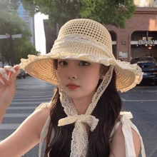 1pc Lace Trim Beach Sun Hat, Large Brim Breathable Shade Hat For Women Outdoor Camping Picnic, UV Protection Summer Cap
