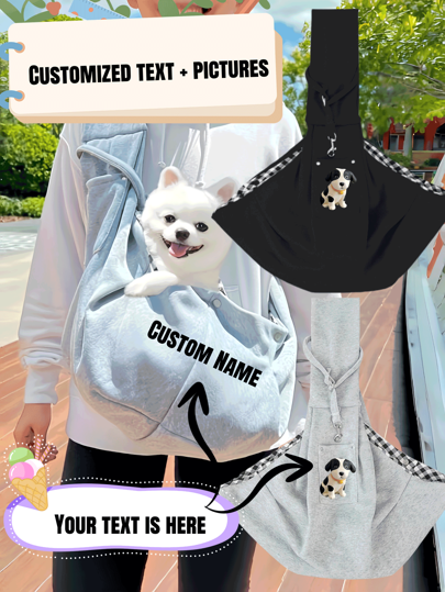 1pc Personalized Shoulder Bag Crossbody Bag Cat & Dog Carrier, Breathable Foldable Pet Carrier Sling Bag, Adjustable Strap With Phone Pocket, Polyester Material, Black And Grey Colors, Customizable Pet Name And Photo