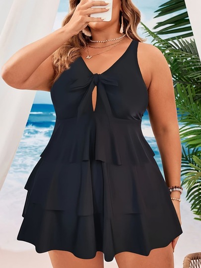 Two Pieces Set Of Plus Size Sexy Tankini With Double Shoulder Straps And Lace Trim