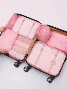 9件套旅行收纳袋，包含洗漱包、化妆包、内衣包、鞋子和衣物收纳袋。适用于衣物、洗漱用品、化妆品、刷子、护肤品、手机、小物件等。非常适合旅行、度假、海滩、大学、房间装饰、冬季、返校季、波西米亚风。 - 彩色 - 查看 3