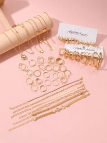 58pcs/Set Elegant Minimalist Metal Women Jewelry Set, Including Earrings, Necklace, Rings, Bracelets, Anklets, Suitable For All Ages And Seasons, Ideal For Daily Wear, Or As Gifts For Family, Friends, Or Girlfriends (Box Not Included) - Yellow Gold - View 3