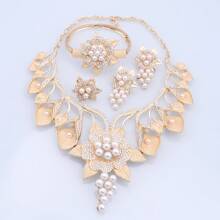 Vintage Luxury Artificial Crystal & Pearl Statement Necklace, Earrings, Bracelet, And Ring Set, 18K Gold Plated Synthetic August Birthstone Jewelry Set For Women, Perfect For Wedding And Party Occasions - Valentine's Day Gift-Compatible