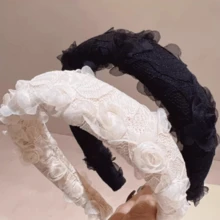 蕾丝花朵海绵宽发箍，韩式甜美仙女森系风格，黑色/粉色/米色发圈发夹旅行配饰发带，节日派对必备 - 雙線海綿髮箍 - 查看 2