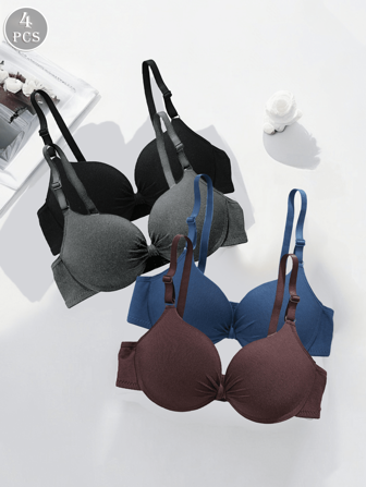 4件装女士无缝全罩杯支撑弹力光滑衬垫钢圈文胸