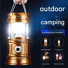 SunnyTech 4-in-1 tragbare Camping-Laterne mit Powerbank, USB-aufladbar, Outdoor-Leuchte für Wandern, Rucksacktouren (Handhabung/Blinklicht/Taschenlampe Modus) & Notfall, inklusive Tragegurt - Gold