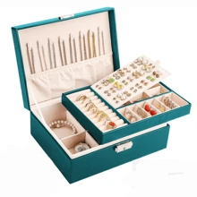 Caja organizadora de joyas, caja de joyas para chicas y mujeres, organizador de aretes con cerradura, de doble capa, estuche para joyas con bandeja extraíble para collares, aretes y anillos