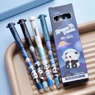4-Piece Creative 0.5mm Space Panda Erasable Neutral Pen Set, Blue/Black Ink Erasable Pen Core, Washable Handle, Office Supplies, Stationery Back To School