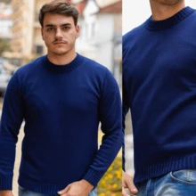 Men's Knitted Sweater Thick Mesh Cold Weather Blouse Round Neck High Quality - 藏蓝色 - 查看 8