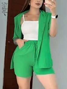 MHG  Conjunto de 2 piezas de cubierta de playa con camisa de manga corta y botones oversize y pantalones cortos de unicolor para vacaciones en la playa, verano casual y fresca primavera - Verde - Ver 2