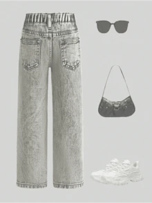 Girls Classic Washed Distressed Straight Leg Casual Pants - Grey - View 2