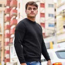 Men's Knitted Sweater Thick Mesh Cold Weather Blouse Round Neck High Quality - 黑色 - 查看 5