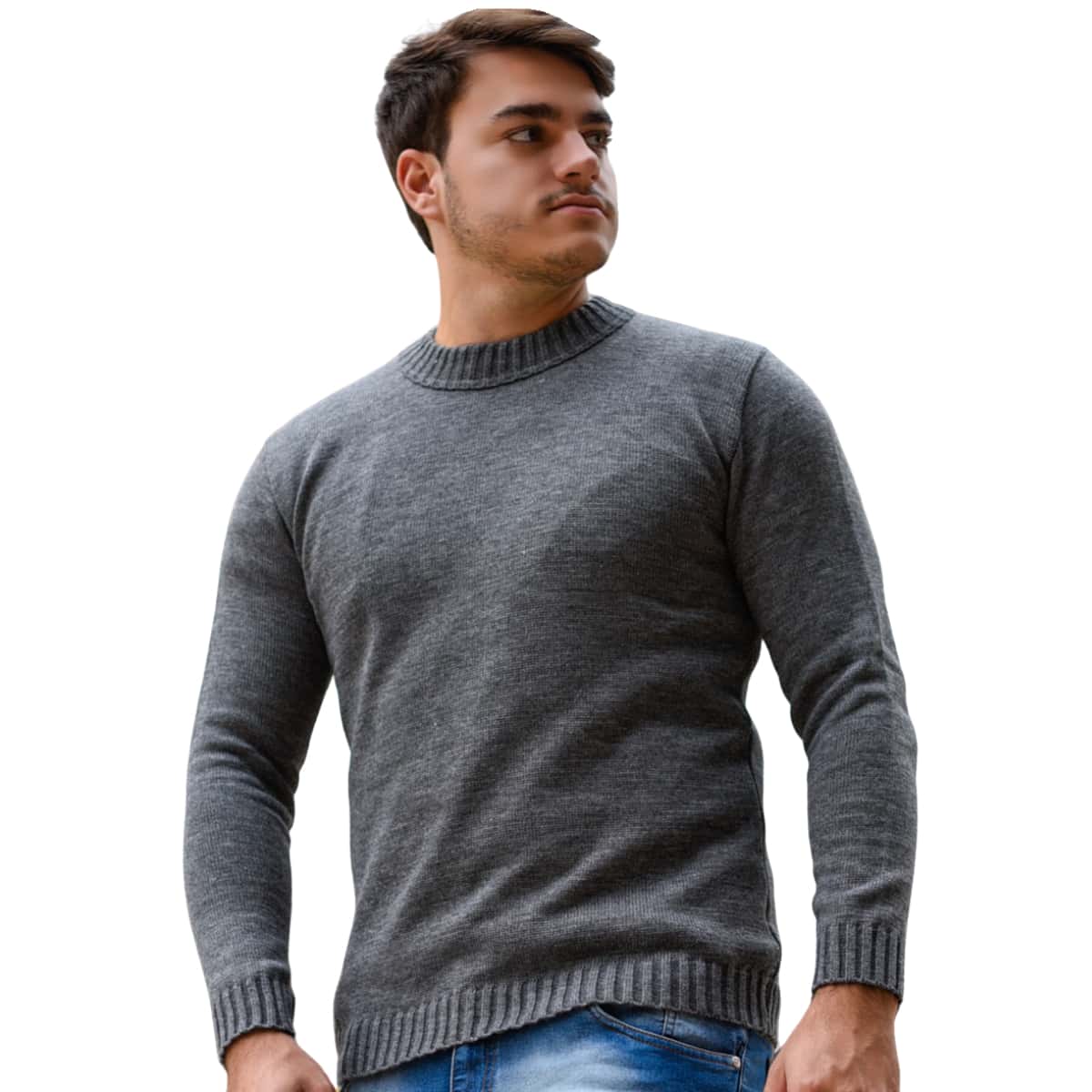 Men's Knitted Sweater Thick Mesh Cold Weather Blouse Round Neck High Quality - Dark Grey - View 1