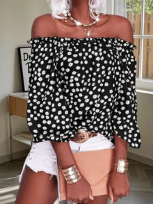 Womens Summer Off Shoulder Blouse Floral Print Boho 3/4 Sleeve Casual Chiffon Tops Shirts - 黑色 - 查看 3