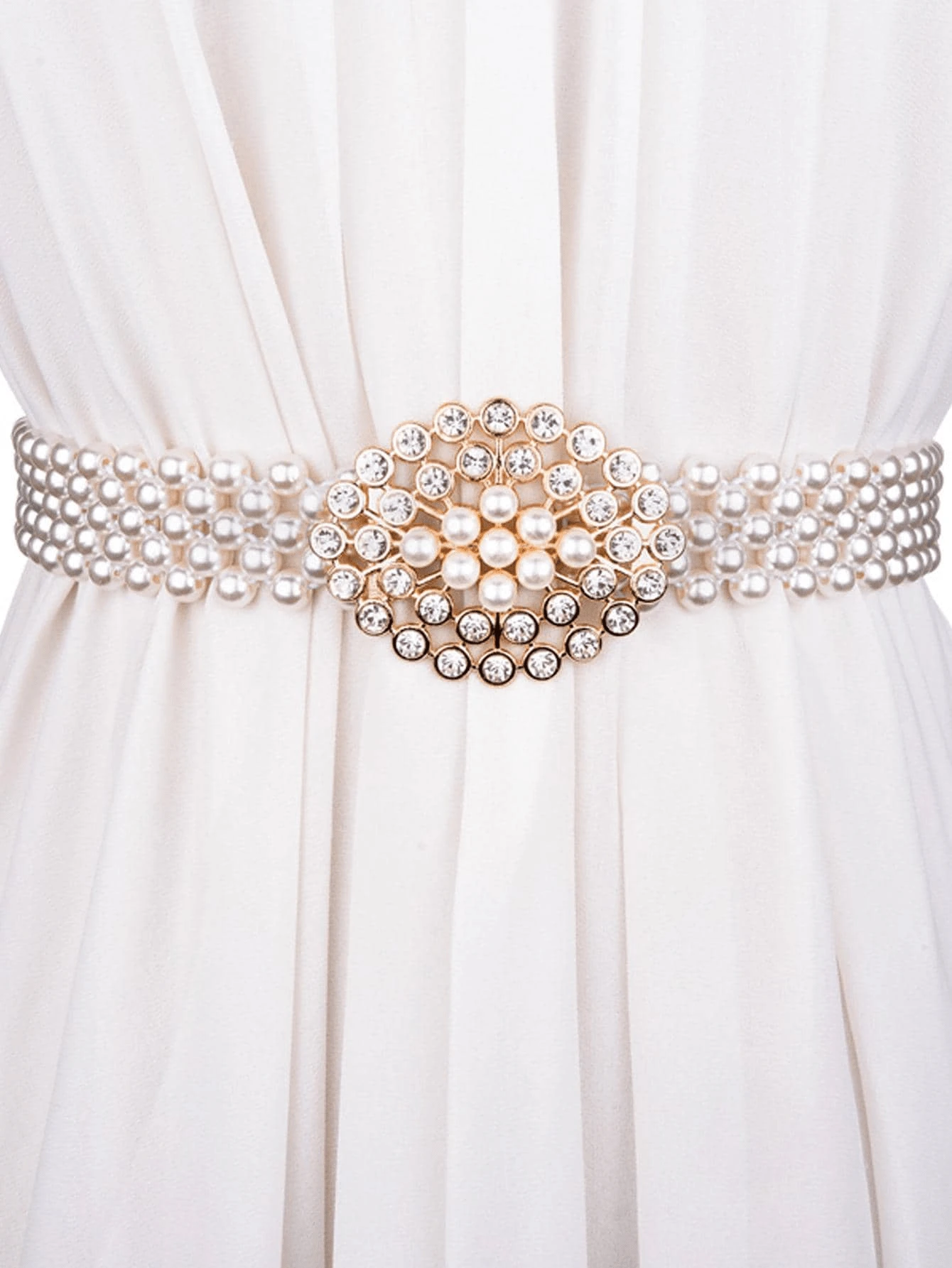 1pc Women's Summer Dress Pearl & Rhinestone Elastic Waist Chain - White - View 1