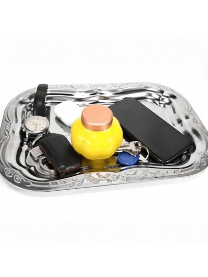 1 件不锈钢多用途矩形托盘、压花金属水果碗、不锈钢装饰托盘、珠宝和化妆品收纳盒、浴室收纳架、储物托盘