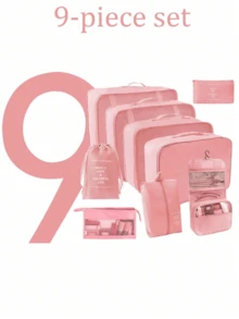 9件套旅行收纳袋，包含洗漱包、化妆包、内衣包、鞋子和衣物收纳袋。适用于衣物、洗漱用品、化妆品、刷子、护肤品、手机、小物件等。非常适合旅行、度假、海滩、大学、房间装饰、冬季、返校季、波西米亚风。 - 彩色 - 查看 2