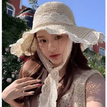 1pc Lace Trim Beach Sun Hat, Large Brim Breathable Shade Hat For Women Outdoor Camping Picnic, UV Protection Summer Cap