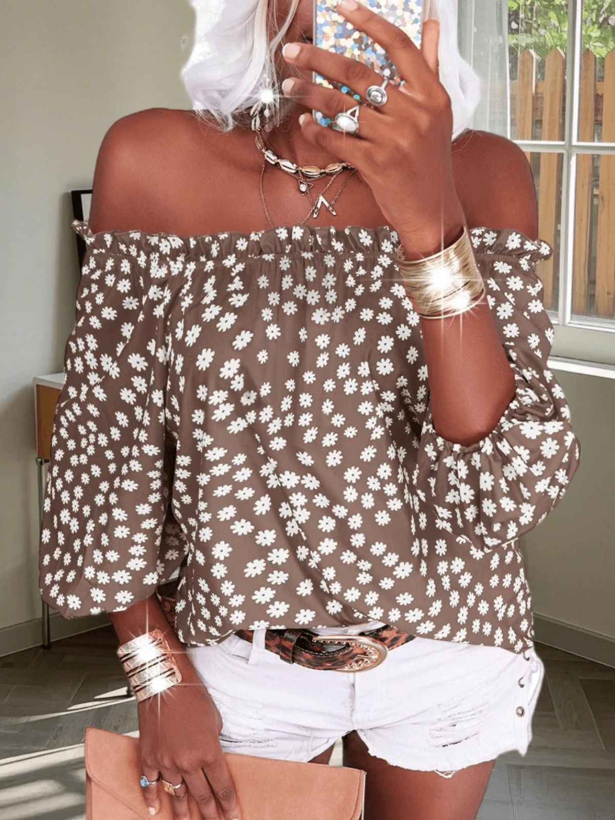 Womens Summer Off Shoulder Blouse Floral Print Boho 3/4 Sleeve Casual Chiffon Tops Shirts - Màu Khaki - Xem 1