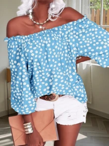 Womens Summer Off Shoulder Blouse Floral Print Boho 3/4 Sleeve Casual Chiffon Tops Shirts - 天藍色 - 查看 3