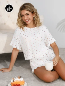 Strawberry Print With Ruffle Trim Short Sleeve Top & Shorts Pajama Set, Summer - White - View 1
