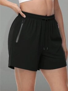 Women's Lightweight Quick-Dry Athletic Shorts With Drawstring Waist & Zipper Pockets, Slim Fit Workout Shorts For Gym, Running, Training And Casual Wear - Black - View 1