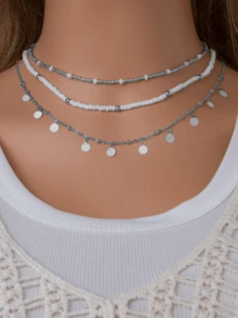 3pcs Handmade Beaded Bohemian Style Necklace With Silver Sequins - Silver - View 1