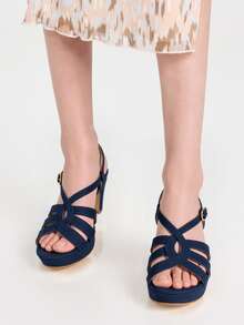 Cross-Strap Block Heel Sandals, Fashion & Versatile For Summer - Blue - View 3
