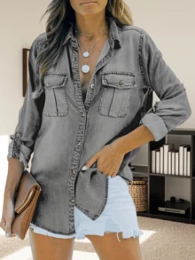 Womens Button Down Denim Shirt Long Sleeve Roll Up Casual Oversized Jean Shirt Jacket Distressed Tunic Tops - Xám - Xem 3