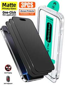3pcs Matte Anti-Peeping Tempered Glass Screen Protector With Install Kit Auto-Alignment Kit Compatible With IPhone 16 Pro Max/16 Pro/16 Plus/16e/16/15 Pro Max/14 Pro Max/13/12/11 Series, Matte Privacy Glass Smartphone With Auto Dust-Elimination Kit, Full Coverage - 3PCS - View 1