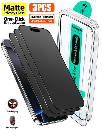 3 قطع من الزجاج المقسى الخاص بالخصوصية المطفأ مع طقم التركيب والمحاذاة التلقائية متوافق مع هواتف أي فون 16 برو ماكس/ 16 برو/ 16 بلس/16E/ 16/ 15 برو ماكس/ 14 برو ماكس/ 13/ 12/ 11، زجاج خصوصية مطفأ للهواتف الذكية مع طقم إزالة الأتربة التلقائي، تغطية كاملة