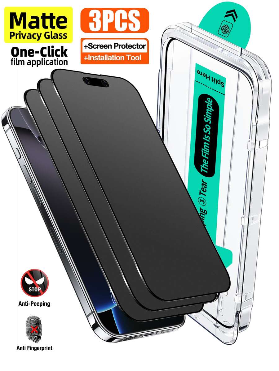 3pcs Matte Anti-Peeping Tempered Glass Screen Protector With Install Kit Auto-Alignment Kit Compatible With IPhone 16 Pro Max/16 Pro/16 Plus/16e/16/15 Pro Max/14 Pro Max/13/12/11 Series, Matte Privacy Glass Smartphone With Auto Dust-Elimination Kit, Full Coverage - 3PCS - View 1