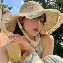 1pc Lace Trim Beach Sun Hat, Large Brim Breathable Shade Hat For Women Outdoor Camping Picnic, UV Protection Summer Cap