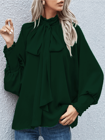 Elegant Dignified And Simple Solid-Color Loose-Fitting Buttoned Long-Sleeve Pullover Shirt With Bowknot And Lantern Sleeves For European And American Ladies, Suitable For Commuting.